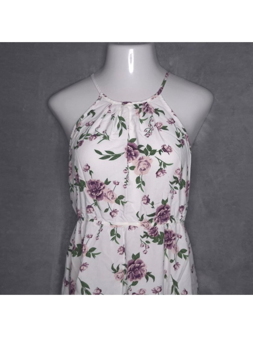 Floral White & Purple Halter Dress Short XL Juniors Lightweight Summer Style